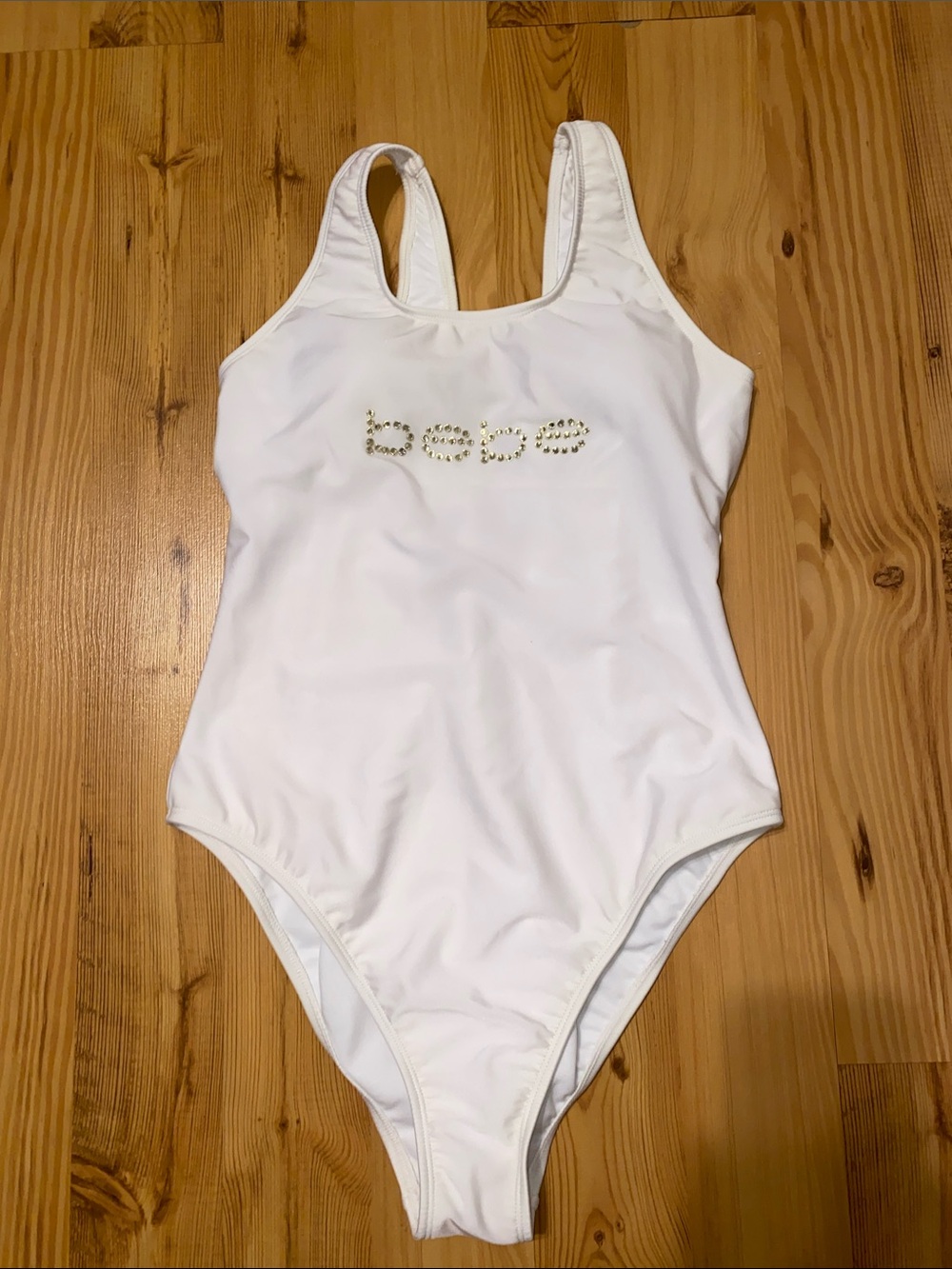 bebe White One-Piece Swimsuit with Rhinestone Logo